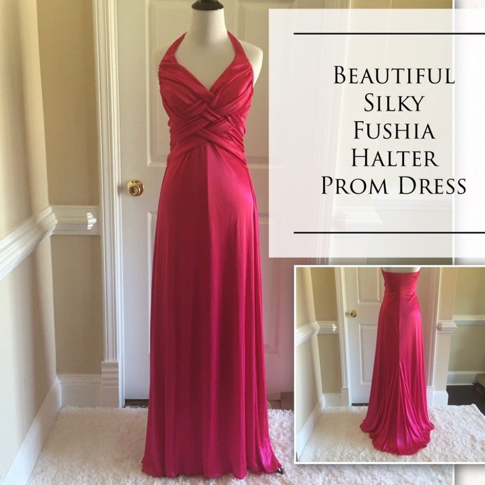 Fuchsia Pink Halter Satin Prom Dress